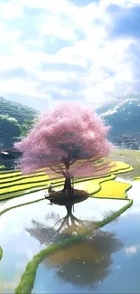 Cherry blossom tree with serene landscape reflection.