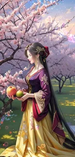 Princess in blossom garden holding fruits, serene scenery.