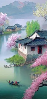 Serene river scene with cherry blossoms and traditional Asian houses.