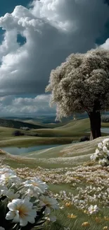 Tranquil landscape with tree and flowers under a cloudy sky.