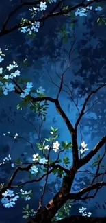 Artistic depiction of blossoming branches against a deep blue night sky.