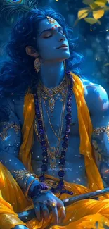 Blue-skinned deity with ornate jewelry in a mystical setting.