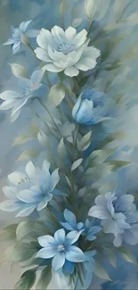 Elegantly painted blue flowers on wallpaper.