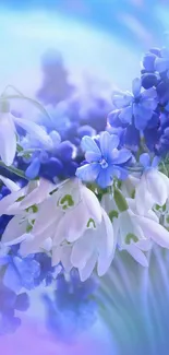 Serene blue and white floral wallpaper with delicate blossoms.