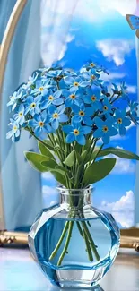 Blue flowers in a vase with sky background.