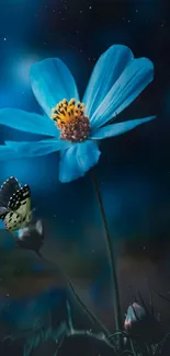 A blue flower and butterfly under a night sky in a serene wallpaper.