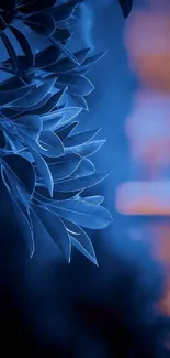 Serene blue leaves with soft lighting.