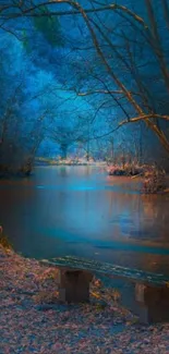 Serene blue forest path with river view.