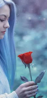 Serene blue-haired girl with a red rose against a dreamy forest.