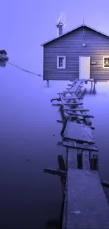 Blue house with misty background phone wallpaper.