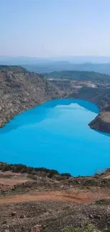 Serene blue lake surrounded by rocky landscape.