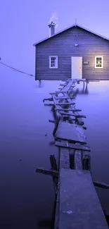 Serene wooden house by misty blue lake.