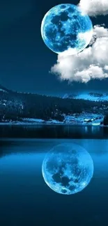 Blue moon reflecting on a serene lake under a dark night sky landscape.