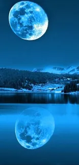 Blue moon reflecting on a peaceful lake at night.