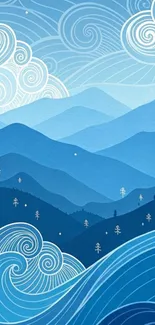 Artistic blue mountain landscape with swirls