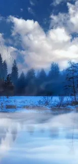 Serene blue mountain landscape with reflective waters and cloudy skies.