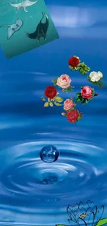 Blue water droplet with flowers and marine life artwork on phone wallpaper.