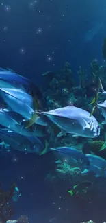 Tranquil deep blue ocean scene with swimming fish.