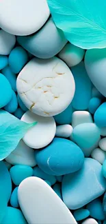 Turquoise pebbles and leaves wallpaper