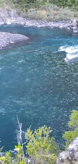 Serene blue river with lush greenery and scenic rocks.