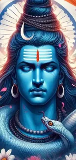 Mobile wallpaper of Lord Shiva in serene blue hues with divine symbols.