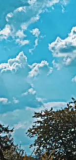 Serene blue sky with clouds and trees.