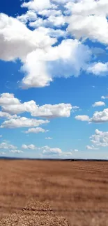 Mobile wallpaper of a blue sky and clouds over a brown field.