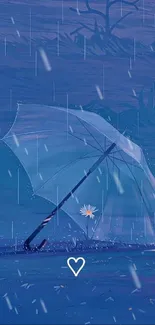 Transparent umbrella in rain on blue night background.