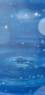 Serene blue wallpaper with water droplet and sparkling stars.