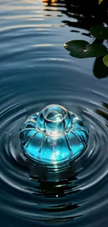 Serene blue water ripple with evening glow and reflection.