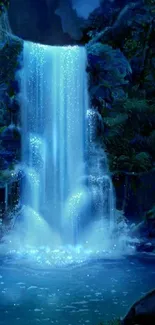 Tranquil blue waterfall cascading in nature.