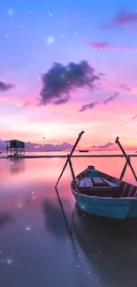 Tranquil boat on water at sunset, vivid purple and pink sky.