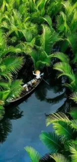 Boat gliding through lush green jungle palms over calm waters.