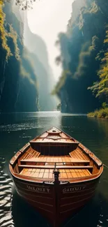 Serene boat in a mountain stream surrounded by lush greenery.