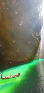 Tranquil scene of a boat in a sunlit canyon with sparkling water.