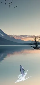 Red boat in a tranquil lake with mountainous background and leaping dolphin.