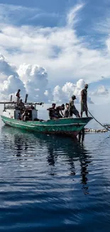 Boat gently floats on calm, reflective ocean under a vibrant blue sky.