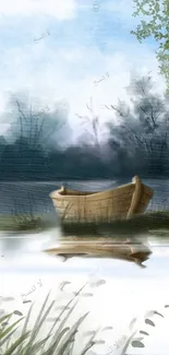 A serene boat on a misty lake with lush greenery and a blue sky.