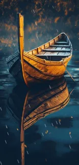 Wooden boat on reflective water with golden light.