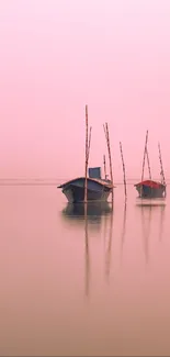 Serene view of boats on a pink horizon.