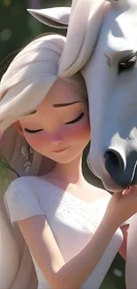 Animated girl embraces horse in serene pastel garden setting.