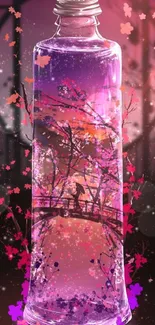 Mobile wallpaper featuring a scenic art scene inside a bottle with cherry blossoms.