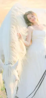 Bridal woman with a white horse in a serene outdoor setting.