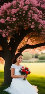 Bride in white dress sitting under a vibrant pink blossom tree on green grass.