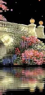 Serene night bridge with flowers and reflection.