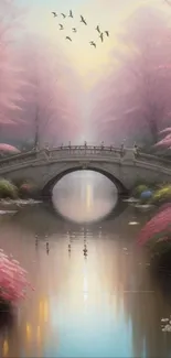 Serene bridge with cherry blossoms in a misty, peaceful landscape.