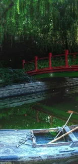 Serene pond with a red bridge and boat under weeping willows.