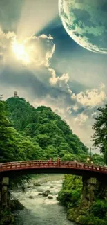 Serene bridge over river under full moon with lush greenery.