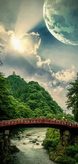 Serene bridge with planet sky and lush greenery on mobile wallpaper.