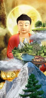 Buddha with nature scene and mountain.